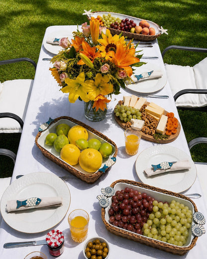Set of 3 Rivage - Porcelain Bamboo Plates with 4 Elegant Summer Napkin Rings