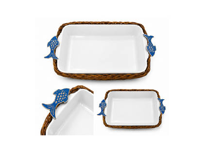 Set of 3 Rivage - Porcelain Bamboo Plates with 4 Elegant Summer Napkin Rings