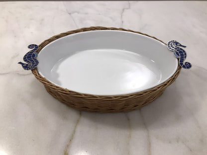 Dark Blue Sea-Horse Oval Porcelain Bamboo