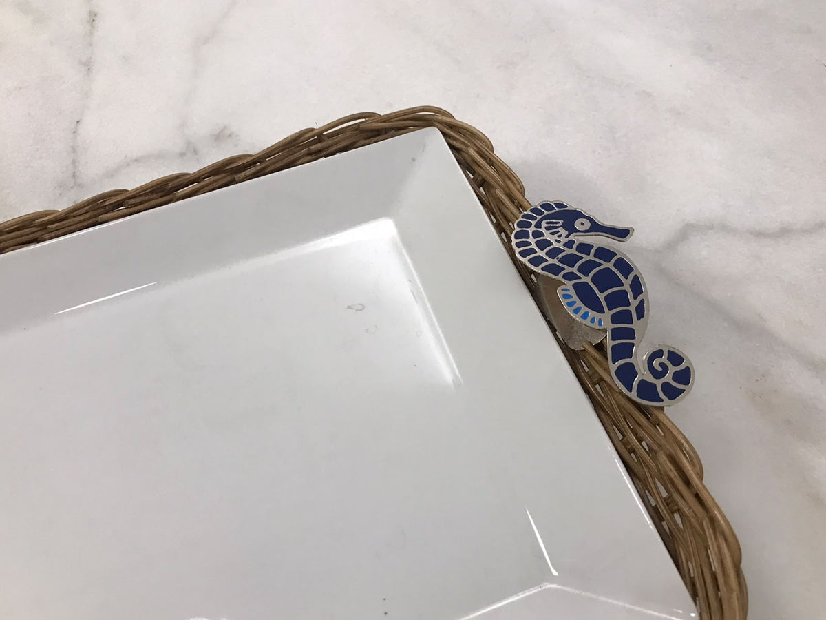 Dark Blue Sea-Horse Flat Rectangular Porcelain Bamboo