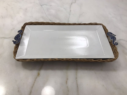 Dark Blue Sea-Horse Flat Rectangular Porcelain Bamboo