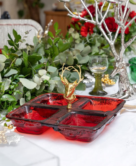 Square Red Glass Bowl - Deer Shape